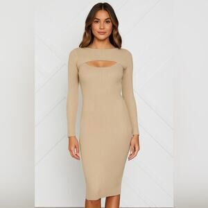Petal + Pup Ribbed Knit Cutout Bodycon Sweater Dress Beige Long Sleeve Size Med